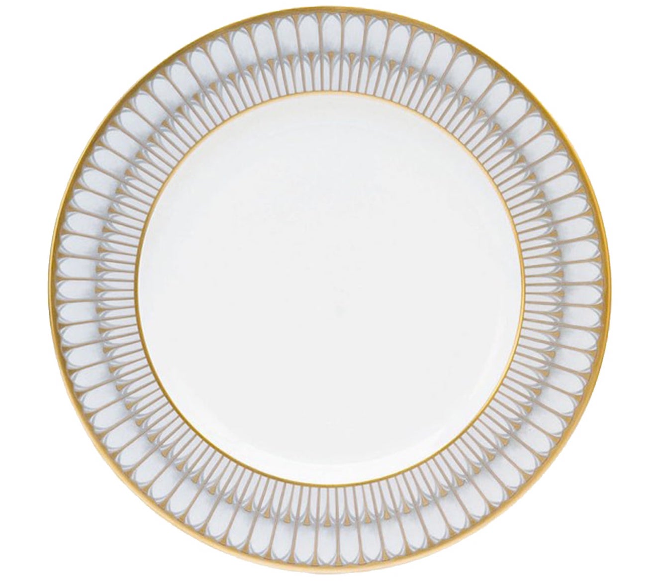 A white dinner plate with gold accents on the edge from Bering's Hardware in Houston.