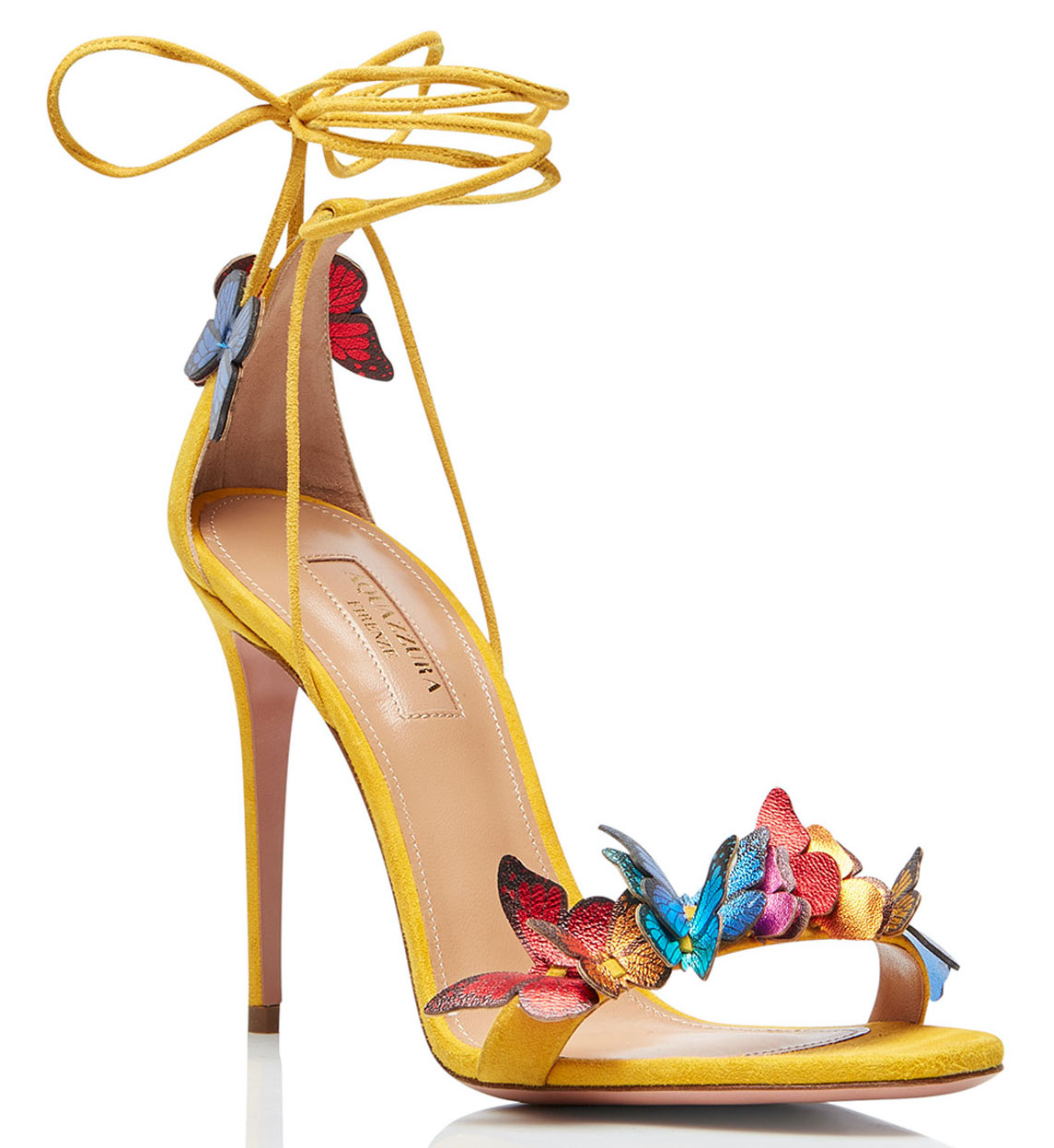 Yellow heels with red, blue and yellow butterflies on the toe strap and heels. Available at Neiman Marcus.