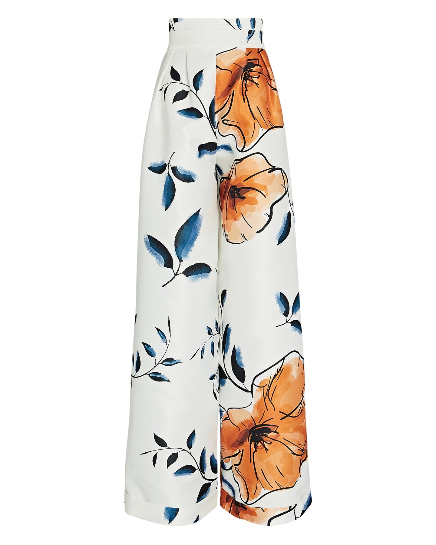 White long and flowy high-waited pants with navy vines and orange flowers on them. Available at Saks Fifth Avenue.
