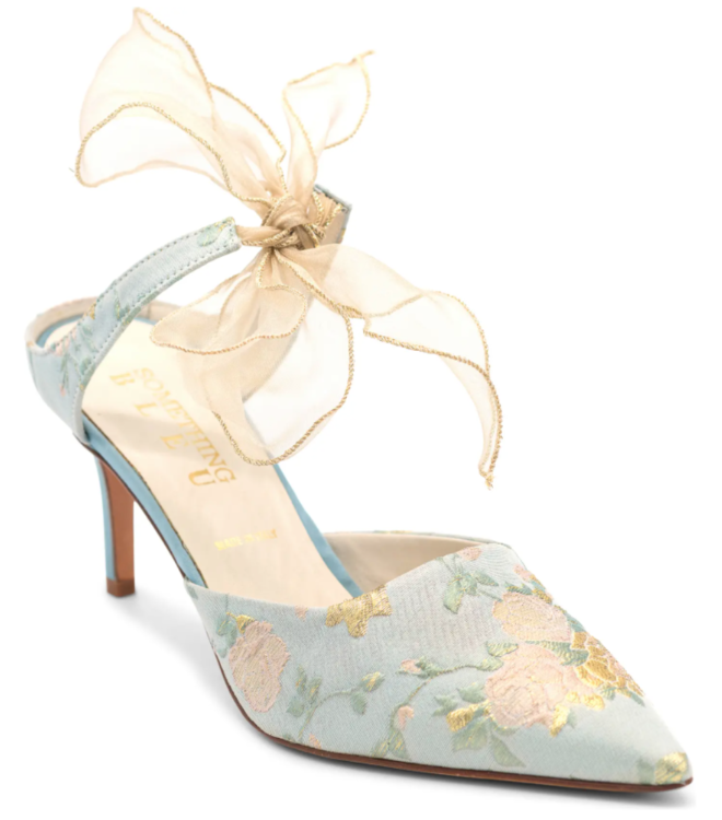 "Elvie" pointed toe shoes with floral embellishment and tie ribbon by Something Bleu