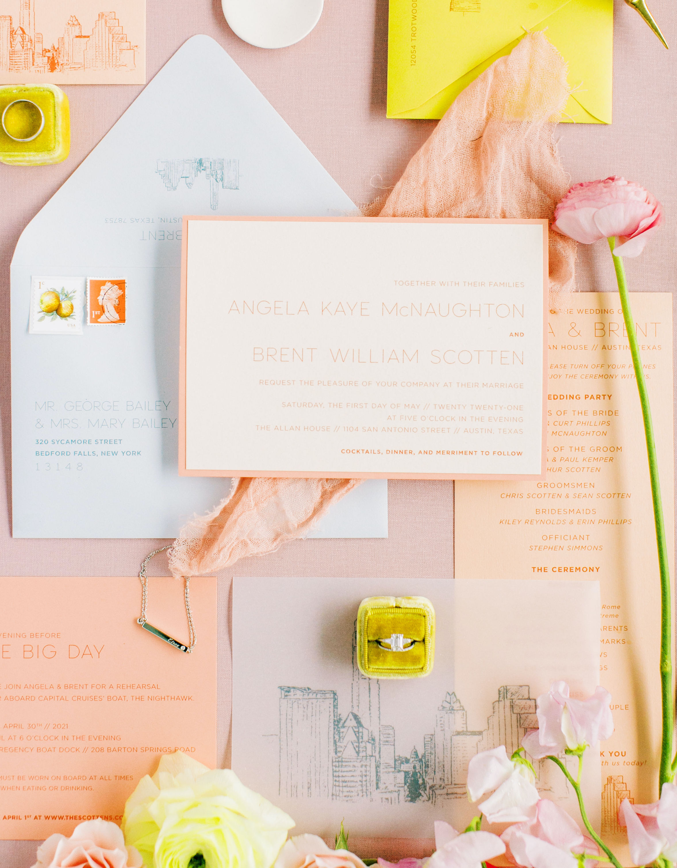 A colorful wedding invitation suite with pinks and yellows created by Paper Place Austin. Wedding Invitation Inspiration.