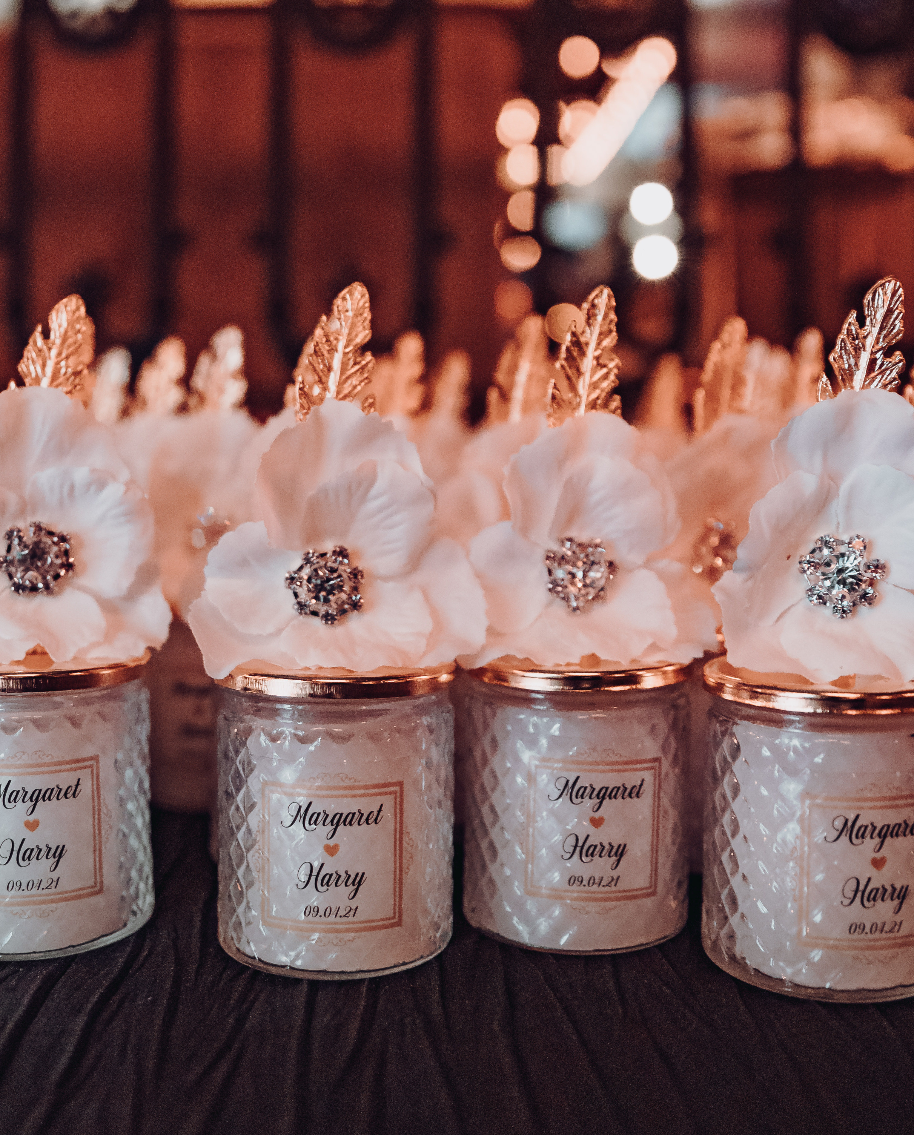 Wedding favors for a white, gold and black wedding at The Astorian in Houston, TX.