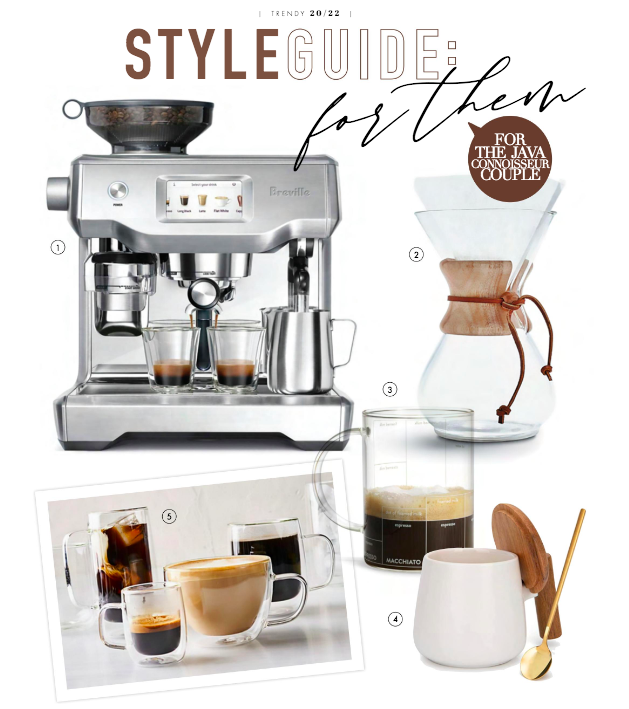 Silver espresso machine, chemex pour over glass, double walled mugs and a coffee recipe glass mug from Moma with text reading, "Style Guide: For Them" and a word bubble that reads, "For The Java Connoisseur Couple"