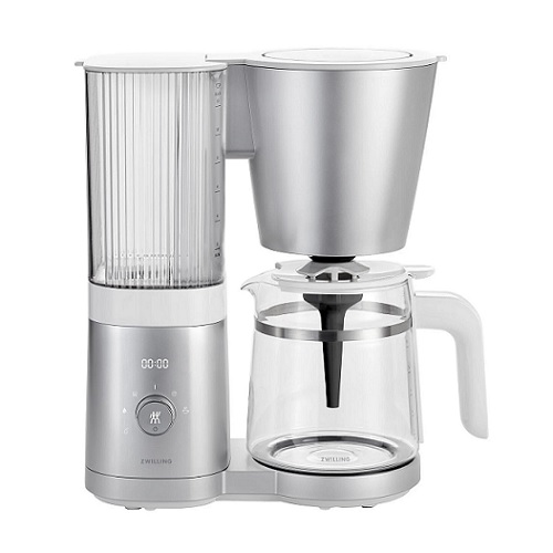 Silver 12-cup drip coffee make by Zwilling Enfinigy.