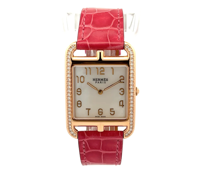 Hermès Cape Cod 18K Rose Gold Watch with a pink alligator strap. 