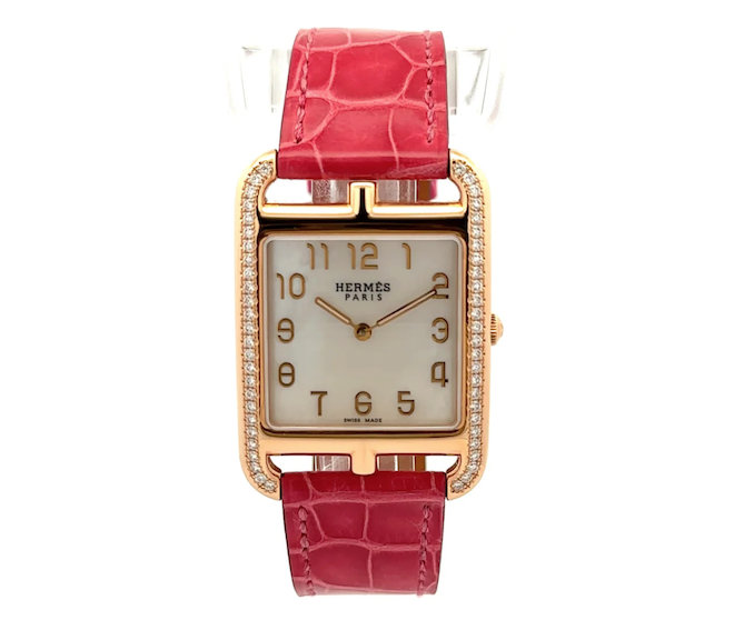 Hermès Cape Cod 18K Rose Gold Watch with a pink alligator strap.