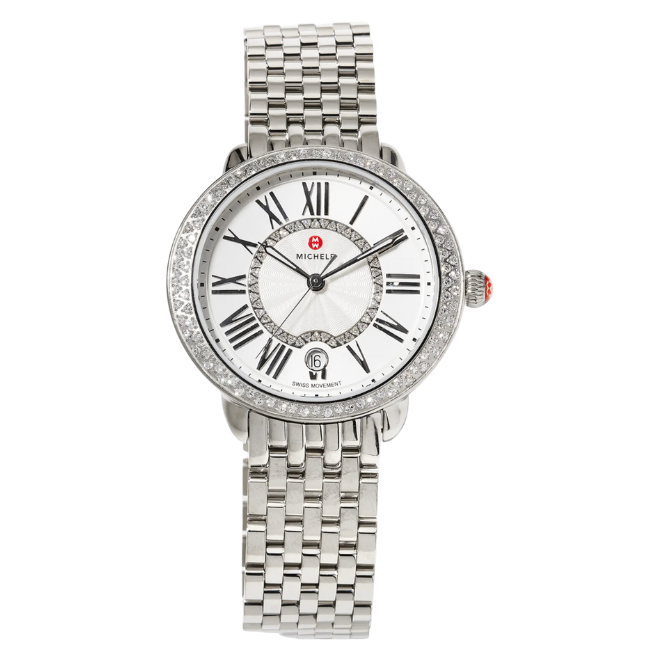 Silver Michele watch with diamond bezel and diamonds in the center
