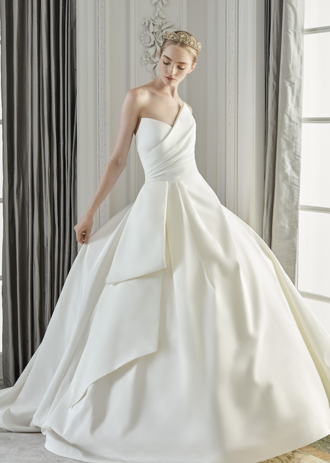 Model wearing a strapless ballgown that Sareh Nouri released during New York Bridal Fashion Week.