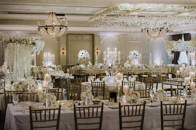 Interior ballroom at The Houstonian Hotel, Resort and Spa decorated with all-white florals and decor for a wedding reception. 