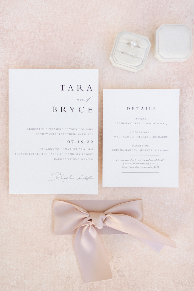 Blush and white invitation suite for Tara and Bryce's destination wedding in Los Cabos.
