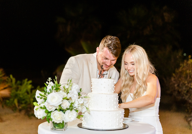 The bride and groom cutting their cake at their destination wedding in Los Cabos.