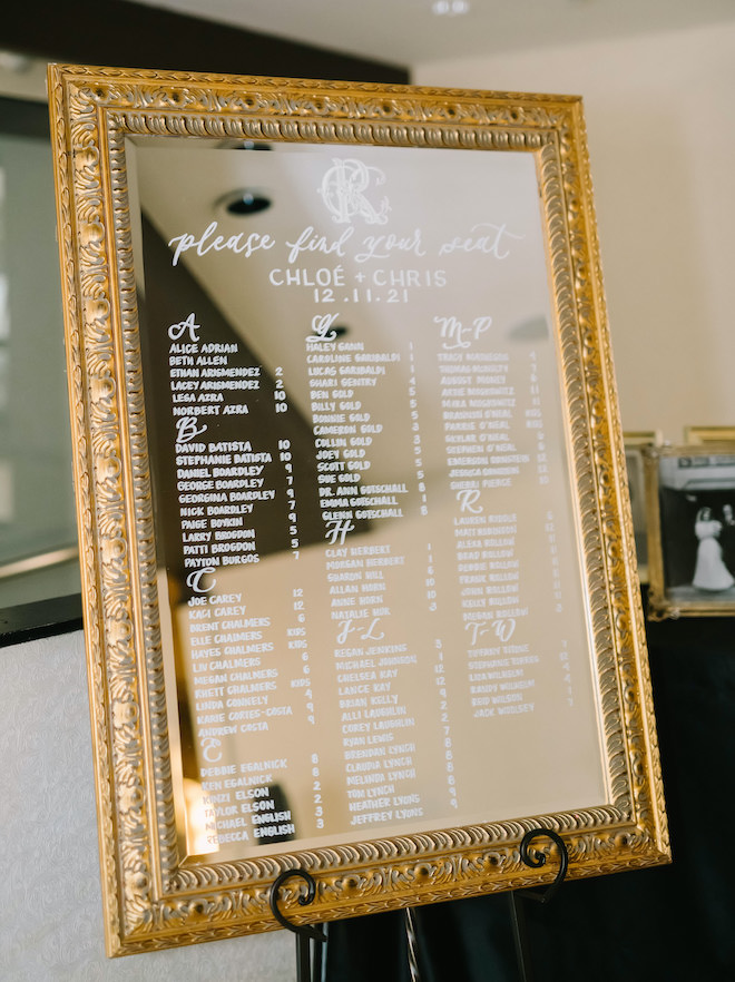 A mirror with a gold frame etched with the guests names and table numbers.