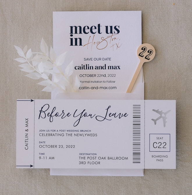 Save the date invitations, including one that looks like a plane ticket.