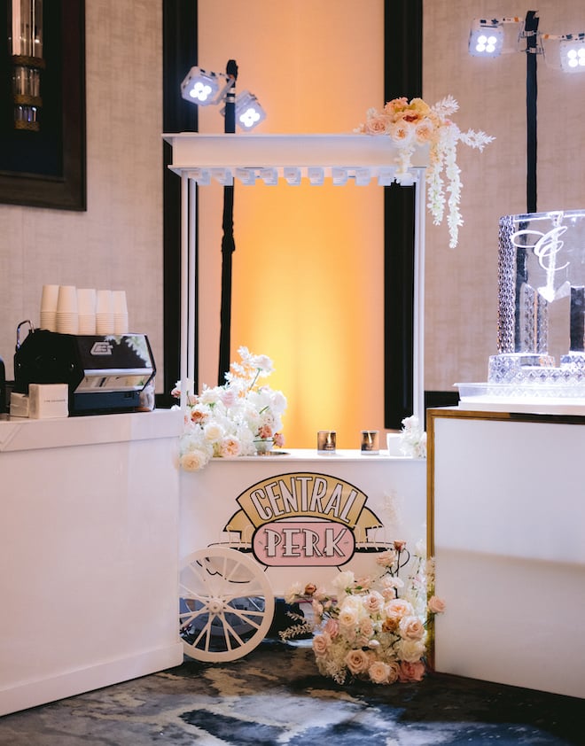 A Friends-themed coffee bar named "Central Perk" at the opulent wedding reception.