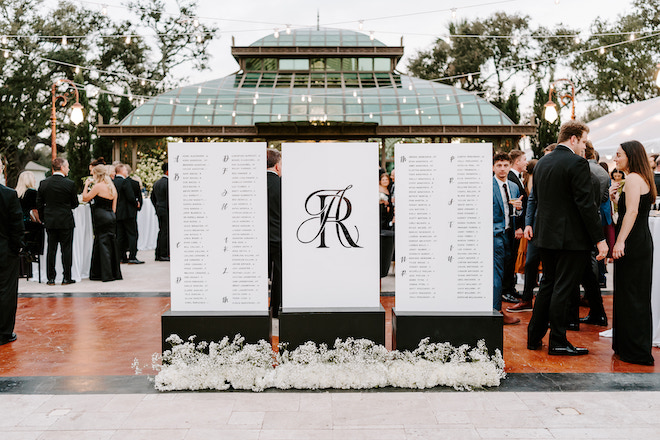 Three signs with the guest seating chart and the couple's monogram in black and white.