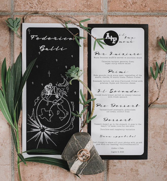 Black and white invitation suite with the globe pointing from Texas to Italy.