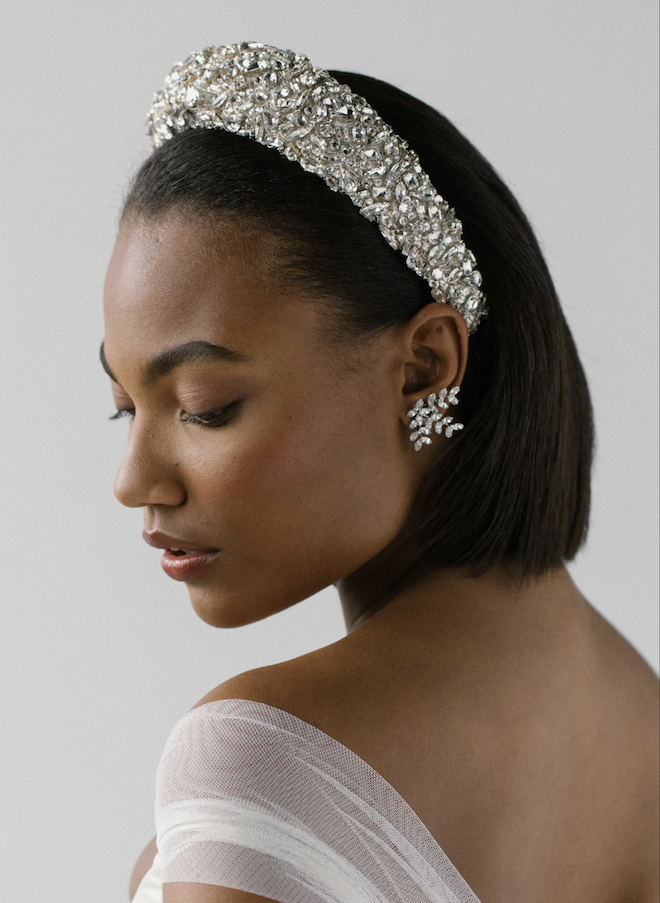 Sleek short haired bride with a jeweled headband.