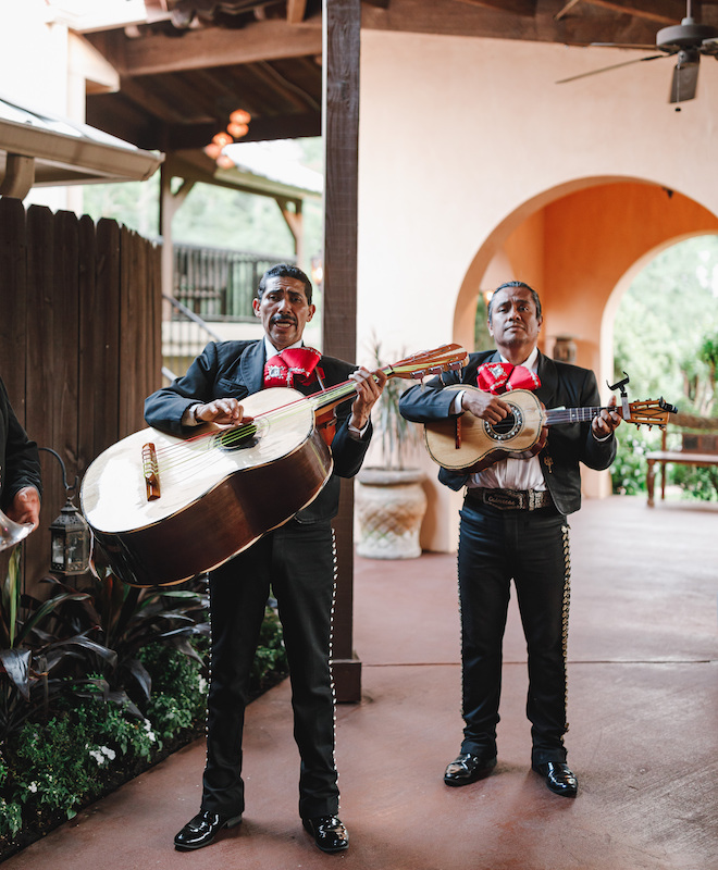 Two mariachi playing the guitar. 