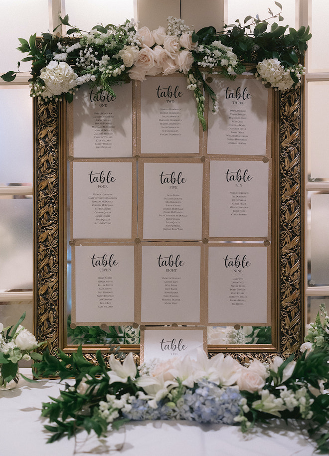 A frame covered in flowers holding the seating chart for the rehearsal dinner.