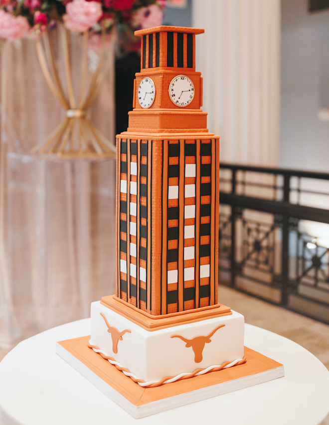 A groom's cake in the style of University of Texas at Austin tower. 
