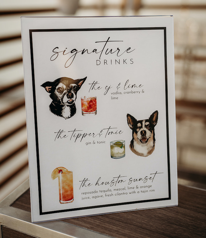 Signature cocktail drinks named after their two dogs and the Houston sunset.