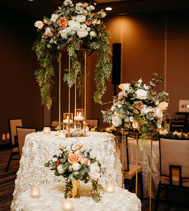 Floral arrangements and lush greenery decorating the reception space.