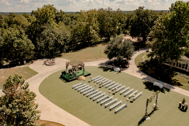 A birds-eye-view of the ceremony space for a South Asian wedding at Hyatt Lost Pines Resort and Spa.