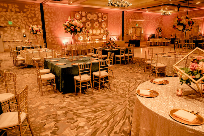 The Hyatt Regency Lost Pines Resort and Spa ballroom decorated for a South Asian wedding.