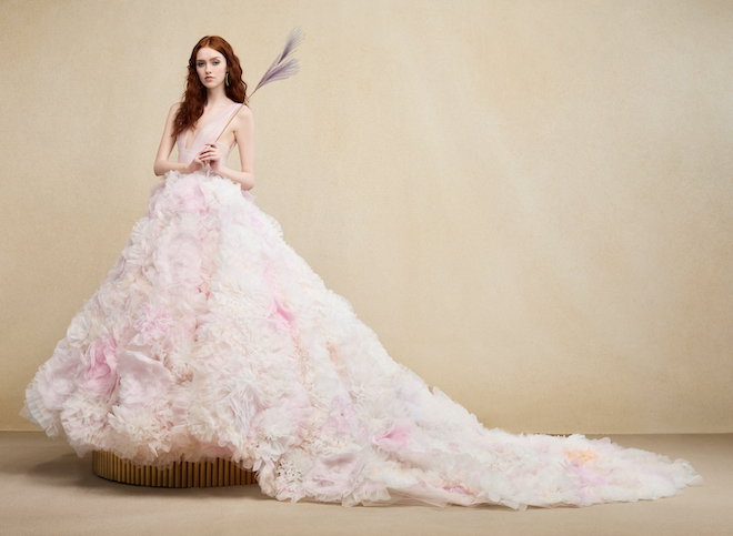 A pink pastel ruffle gown by Ines Di Santo.