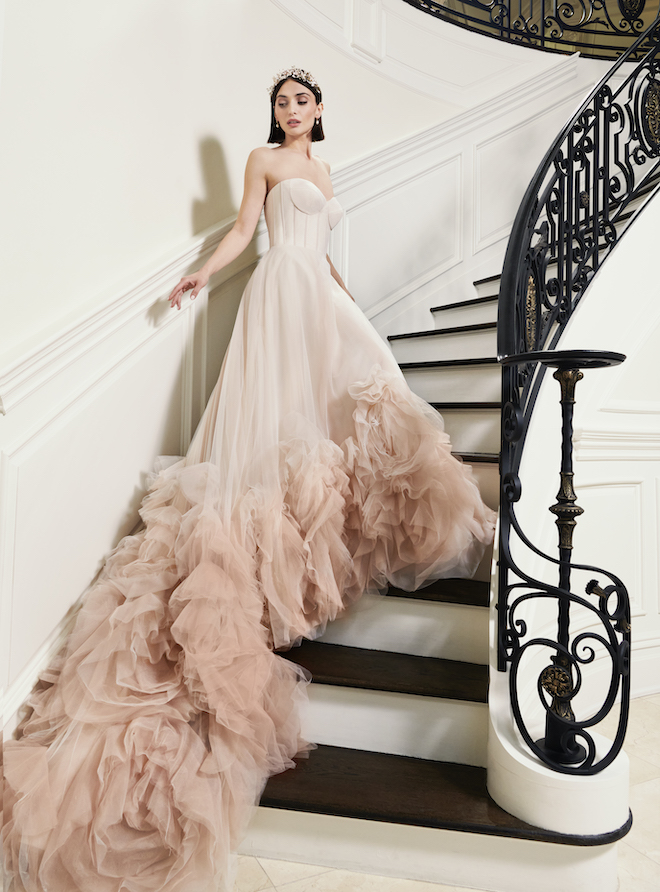A blush pink wedding gown by Kelly Faetanini.