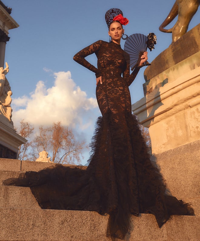 Model in black lace gown from Galia Lahav Spring 2024 collection