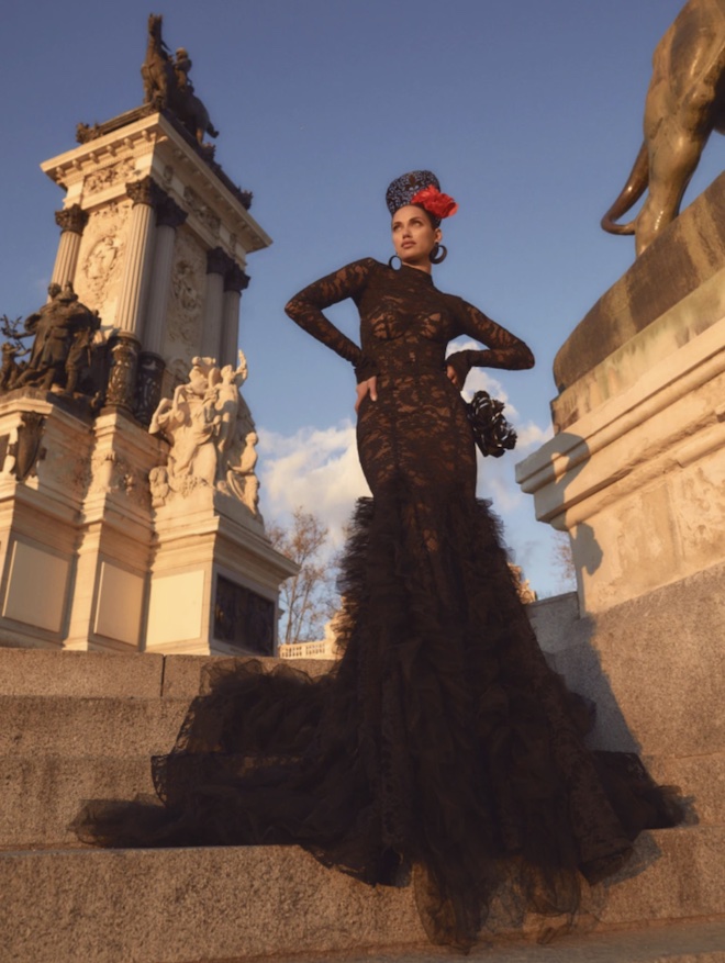 A black lace and ruffle gown by Galia Lahav.