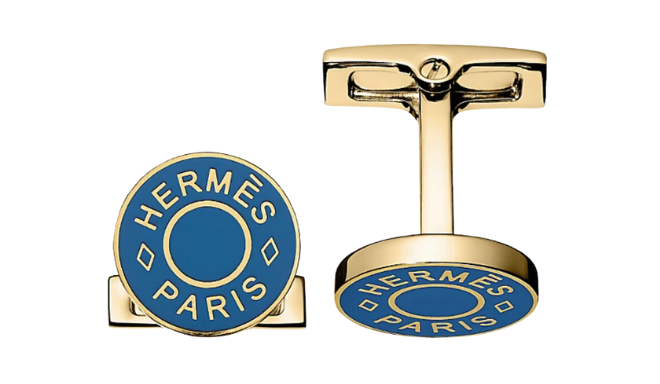 Gold and blue Hermes cufflinks.