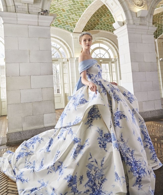 A white and blue floral print wedding gown