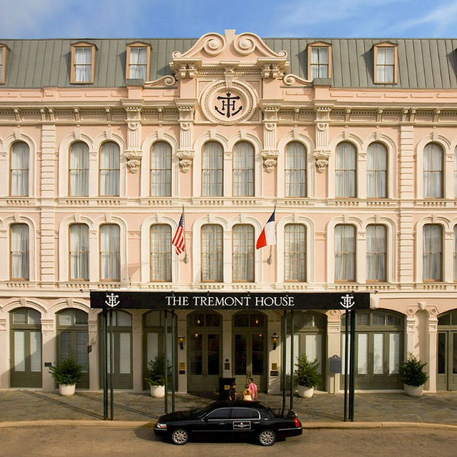 Exterior of historic hotel and wedding venue, The Tremont House, in Galveston, Texas.