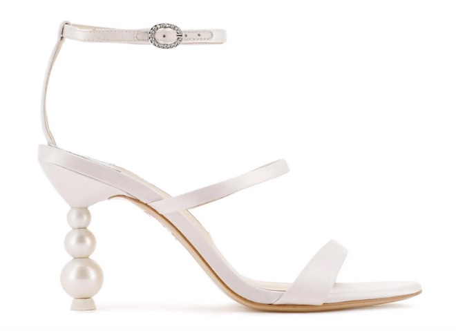 White satin sandal with a pearl heel for a bridal shoe.