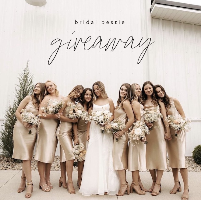 A bride and her bridesmaids hugging with "Bridal bestie giveaway" for Luxe Redux Bridal above the photo.