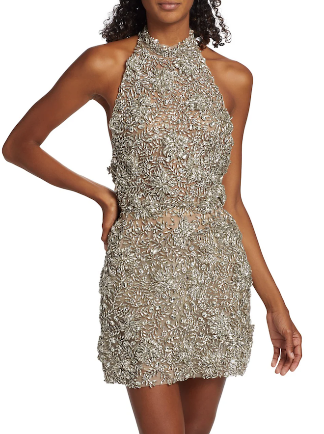 Crystal embellished halter cocktail dress.