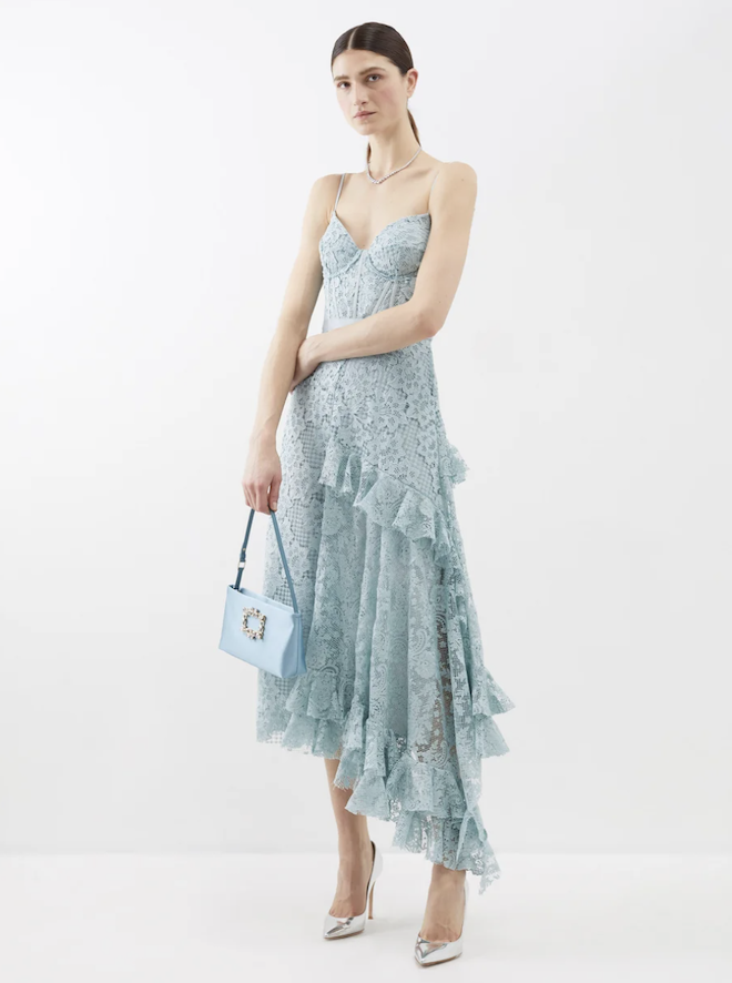 Asymetrical blue lace ruffled dress.