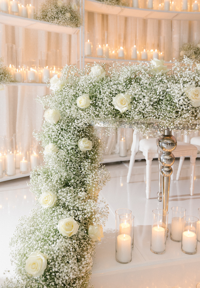 Babies breath, white roses and candles decorate a ballroom wedding at Omni Houston Hotel. 