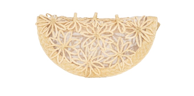 A straw half moon clutch with straw floral print.