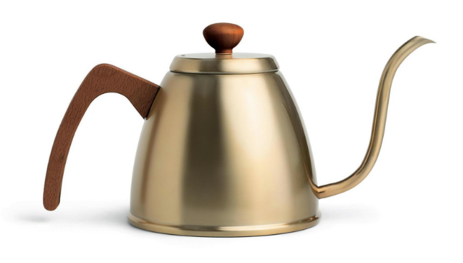 A gold gooseneck kettle with a brown handle and top.