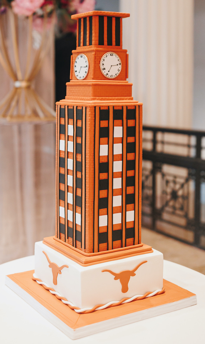 A groom's cake that is a replica of the UT tower. 