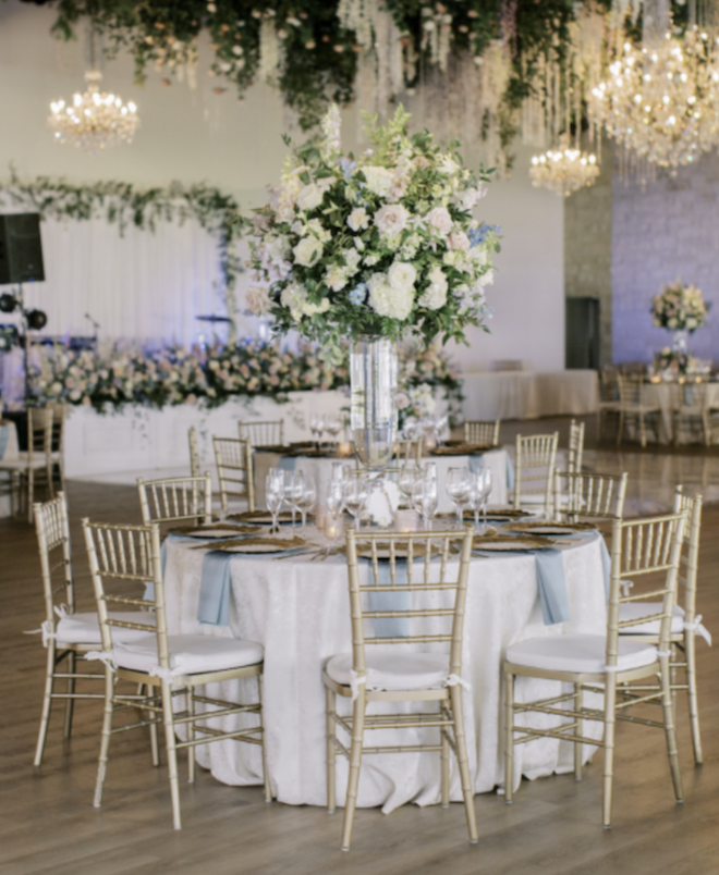 A wedding reception in the Grand Ballroom at Briscoe Manor.