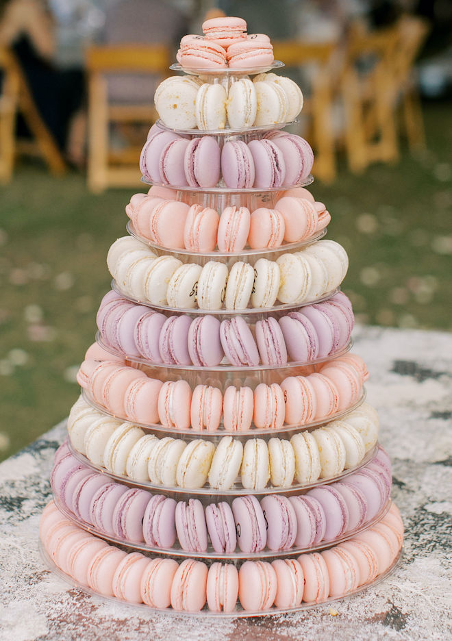 Pastel colors of pink, white and purple macaroons replicate a cake designed by Bailey Connor Catering's Pastry Chef, Tessa Yates. 