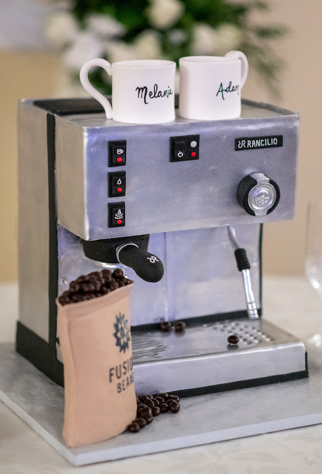 A groom's cake designed to be an espresso machine is created by Susie's Cakes. 