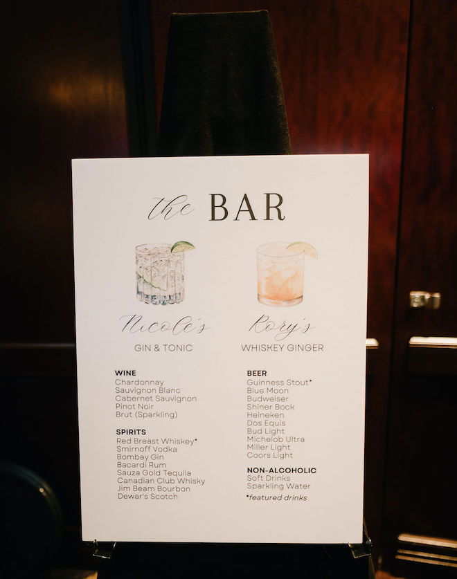 A sign for the bar with "Nicole's Gin & Tonic" and "Rory's Whiskey Ginger" along with a list of wine, beer, spirits and non-alcoholic options. 