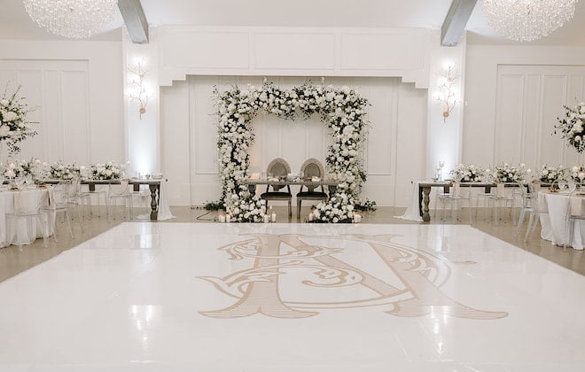 The reception space with a white and gold custom dancefloor and white florals and greenery as decor. 