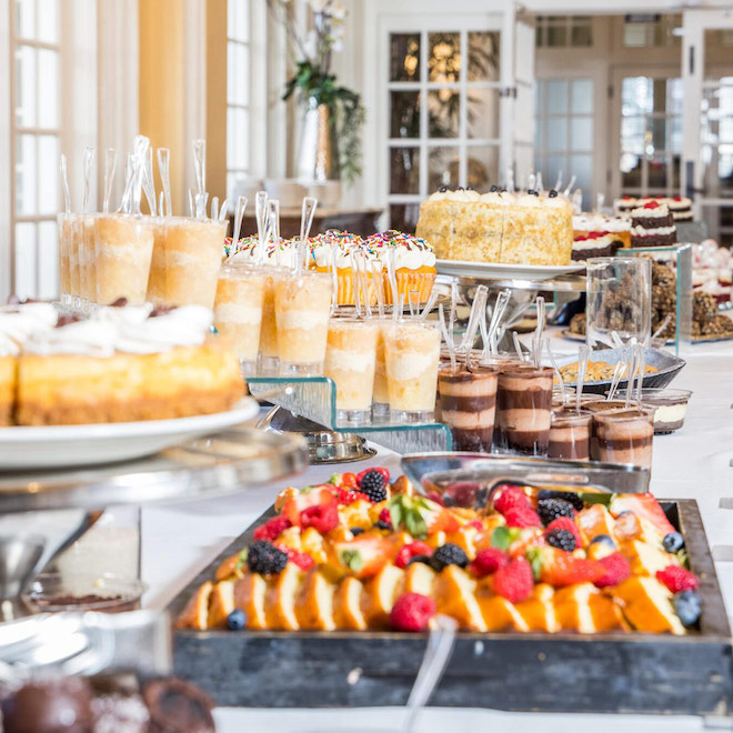 Desserts and brunch foods inside of historic Galveston hotel and venue, Grand Galvez.