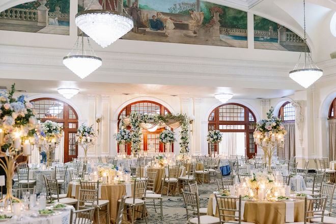 The Crystal Ballroom at the Rice decorated for a wedding reception. 